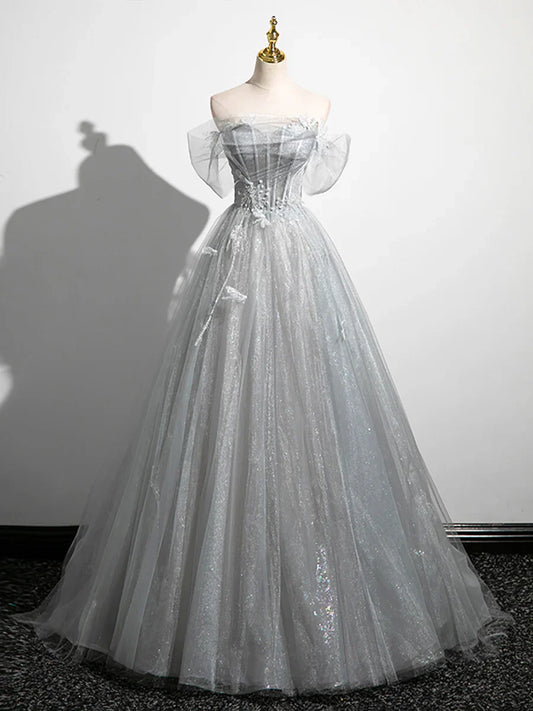 A-Line Off the Shoulder Sparkly Prom Dress, Gray Tulle Corset Floor Length Evening Dress  TP278