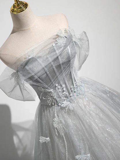 A-Line Off the Shoulder Sparkly Prom Dress, Gray Tulle Corset Floor Length Evening Dress  TP278