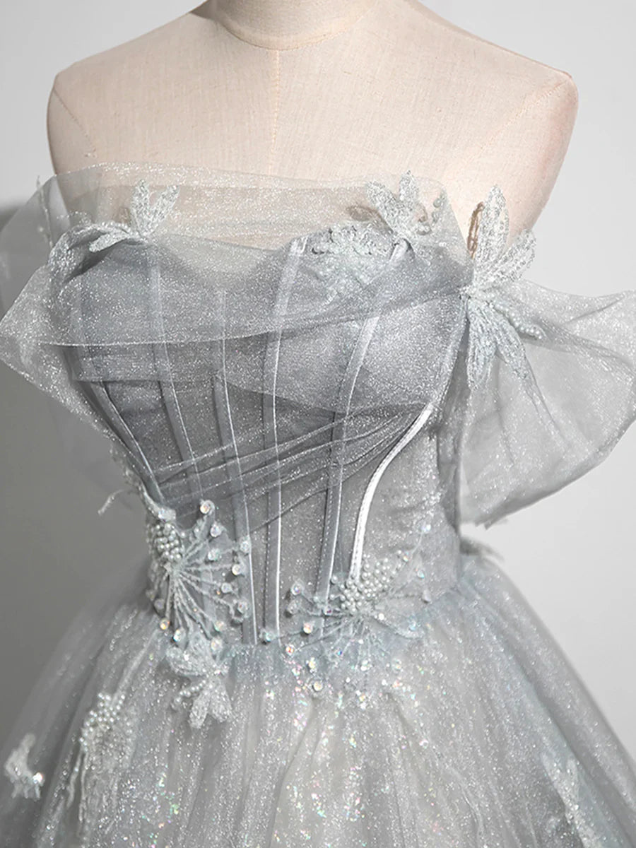 A-Line Off the Shoulder Sparkly Prom Dress, Gray Tulle Corset Floor Length Evening Dress  TP278