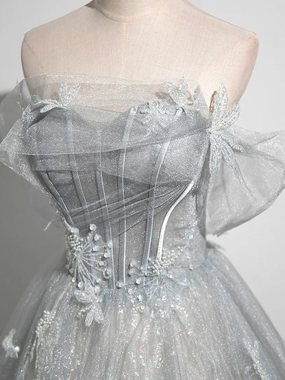 A-Line Off the Shoulder Sparkly Prom Dress, Gray Tulle Corset Floor Length Evening Dress  TP278