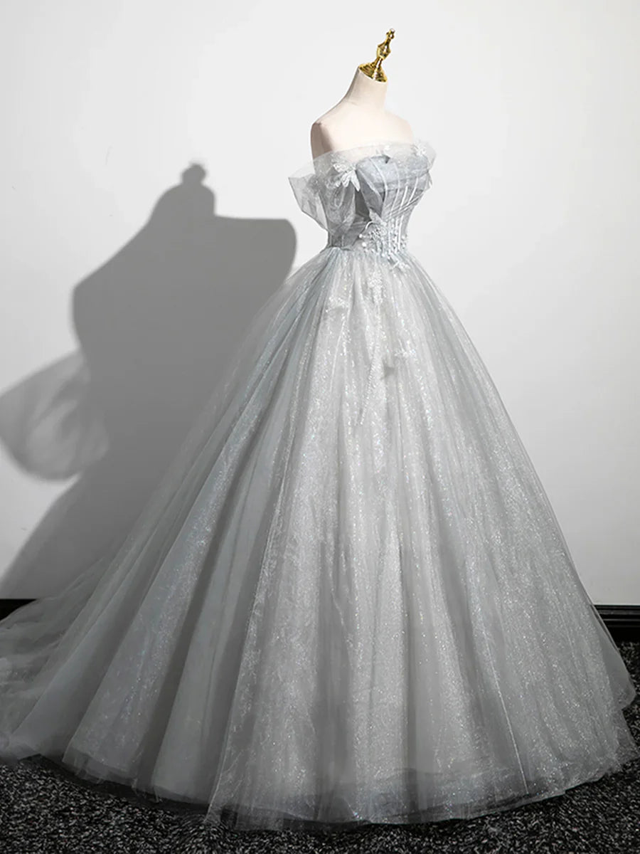 A-Line Off the Shoulder Sparkly Prom Dress, Gray Tulle Corset Floor Length Evening Dress  TP278