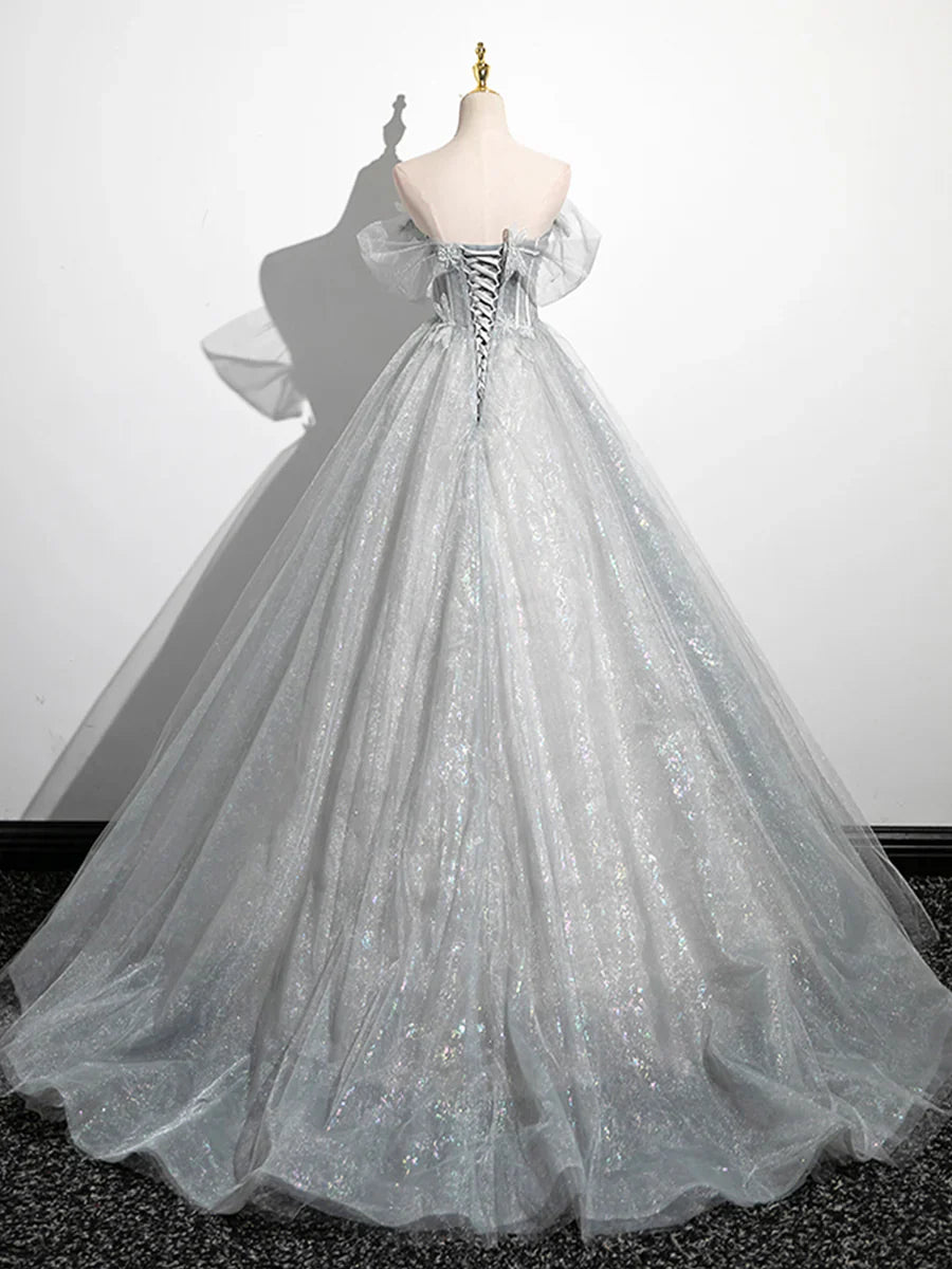A-Line Off the Shoulder Sparkly Prom Dress, Gray Tulle Corset Floor Length Evening Dress  TP278