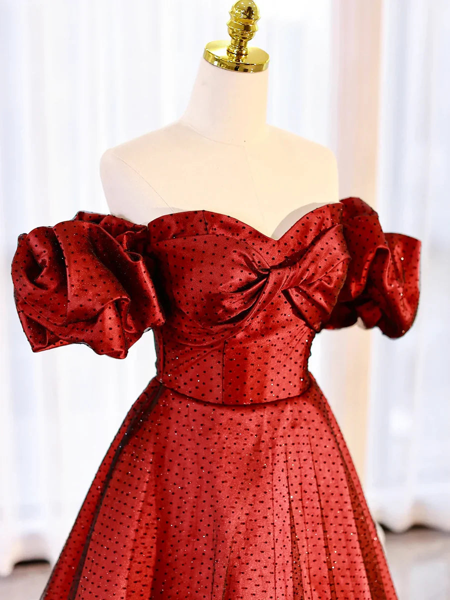 Burgundy Satin Polka Dot Tulle Prom Dress, Lovely Floor Length Short Sleeve Evening Dress  TP280
