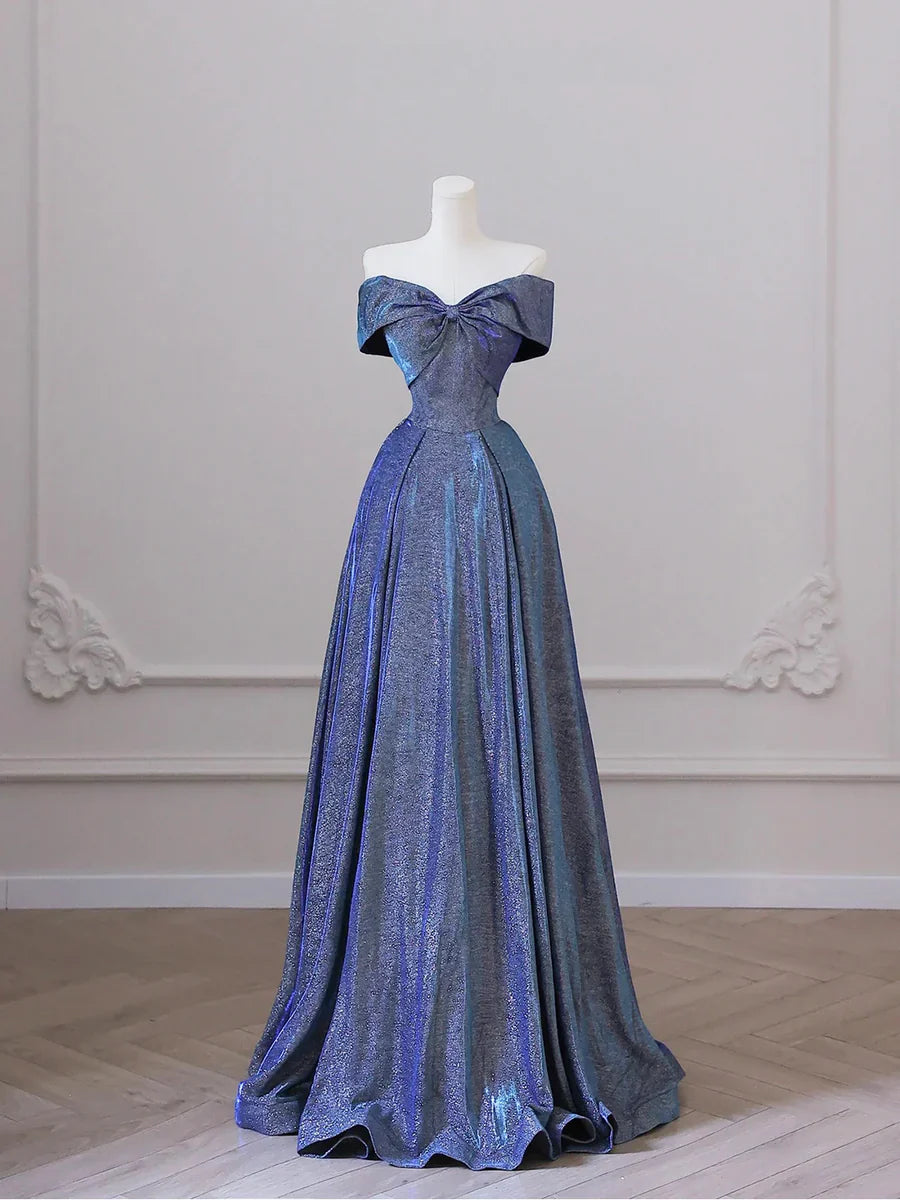Shiny Off the Shoulder Floor Length Blue A-Line Prom Dress  TP282