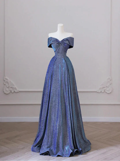 Shiny Off the Shoulder Floor Length Blue A-Line Prom Dress  TP282