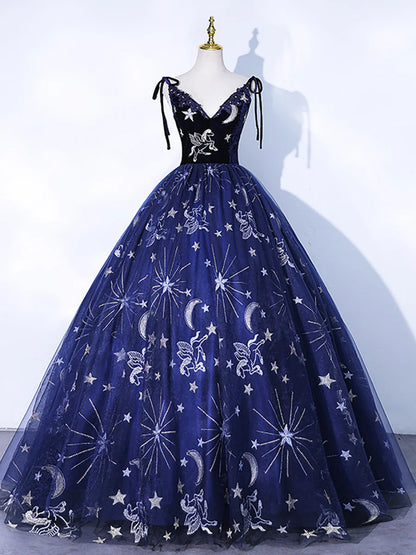 Navy Blue Tulle Long Prom Dress, Spaghetti Straps Lace Flower Backless Evening Dress  TP284