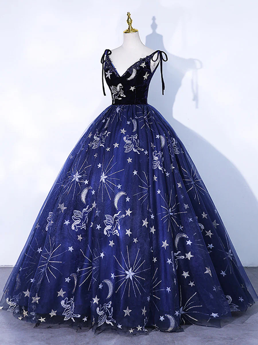 Navy Blue Tulle Long Prom Dress, Spaghetti Straps Lace Flower Backless Evening Dress  TP284