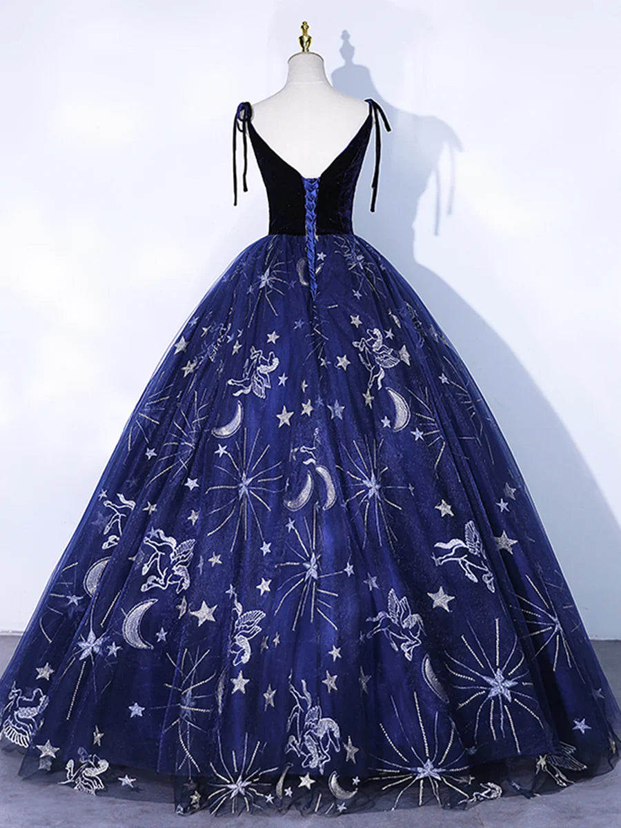 Navy Blue Tulle Long Prom Dress, Spaghetti Straps Lace Flower Backless Evening Dress  TP284
