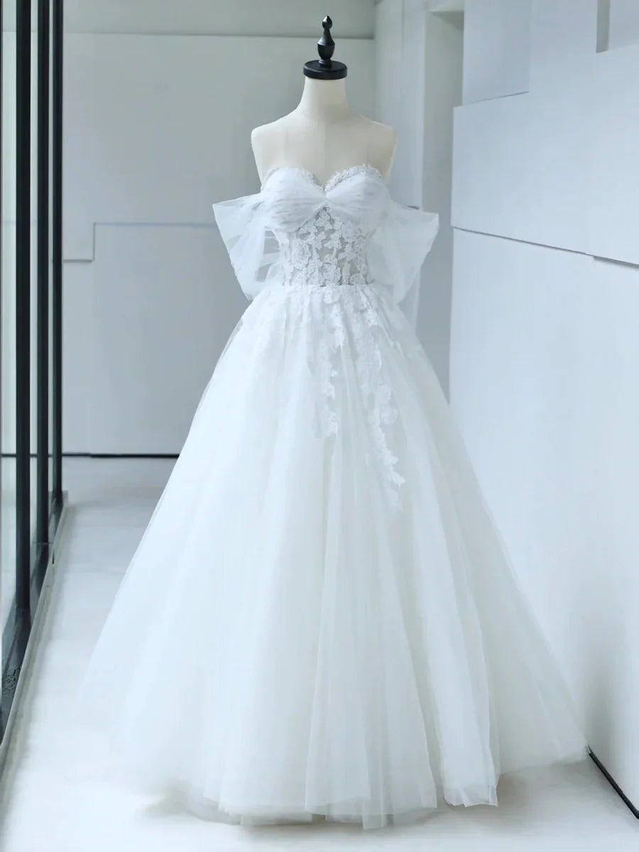 White Tulle Lace Long Prom Dress with Corset, Off the Shoulder Sweetheart Evening Dress  TP287