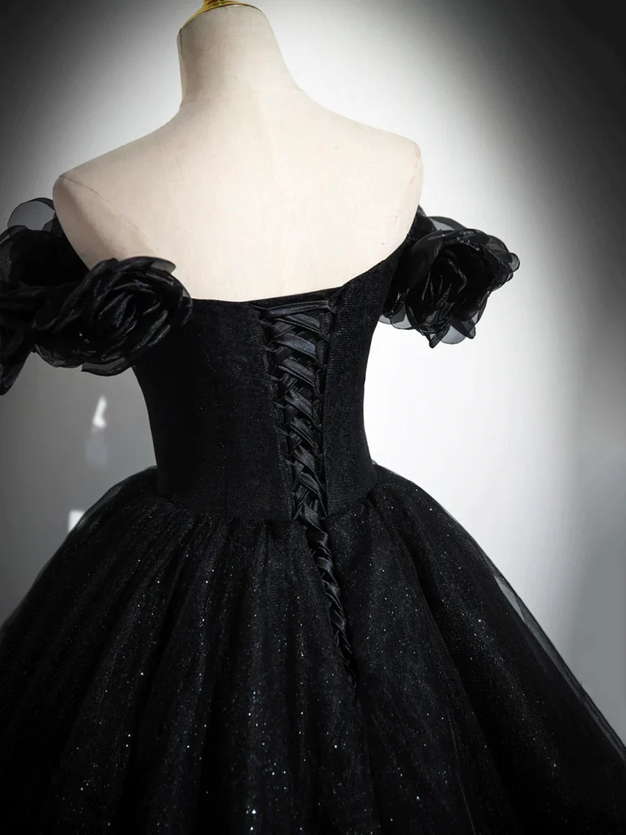 Sparkly Tulle Black Sweetheart Ball Gown, A-Line Off the Shoulder Evening Dress  TP288