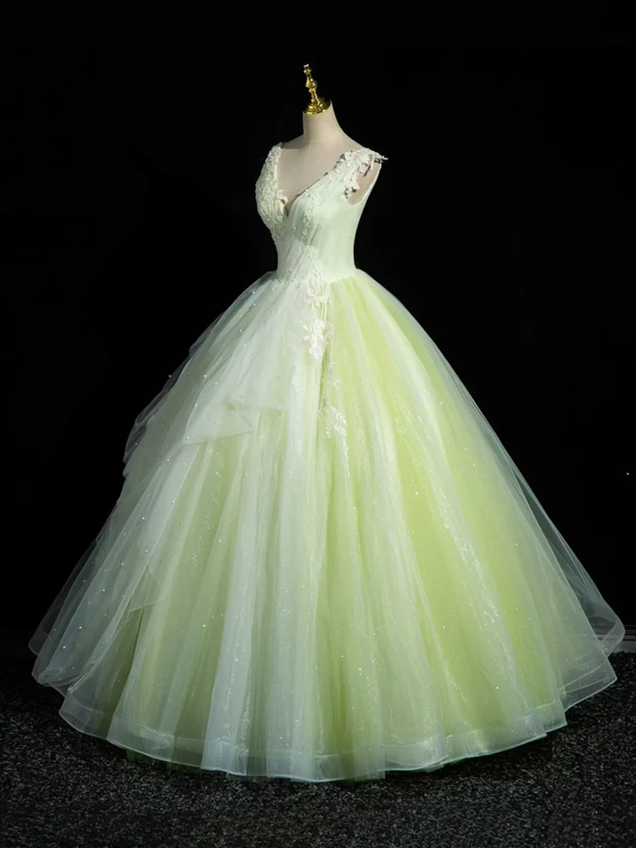 Green V-Neck Tulle Lace Long Prom Dress, A-Line Sleeveless Evening Dress  TP289