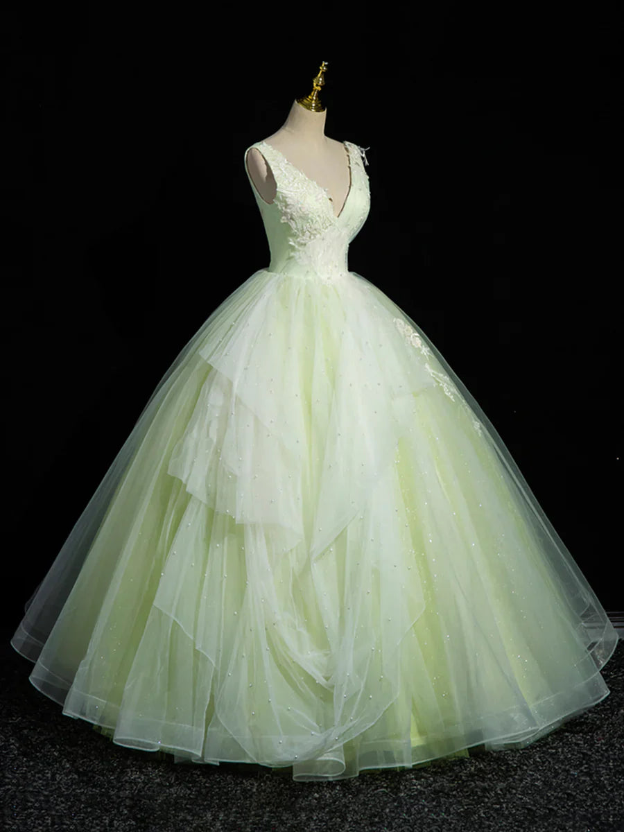 Green V-Neck Tulle Lace Long Prom Dress, A-Line Sleeveless Evening Dress  TP289