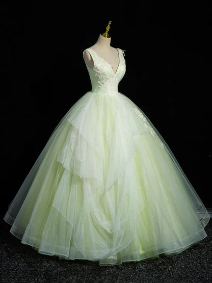 Green V-Neck Tulle Lace Long Prom Dress, A-Line Sleeveless Evening Dress  TP289