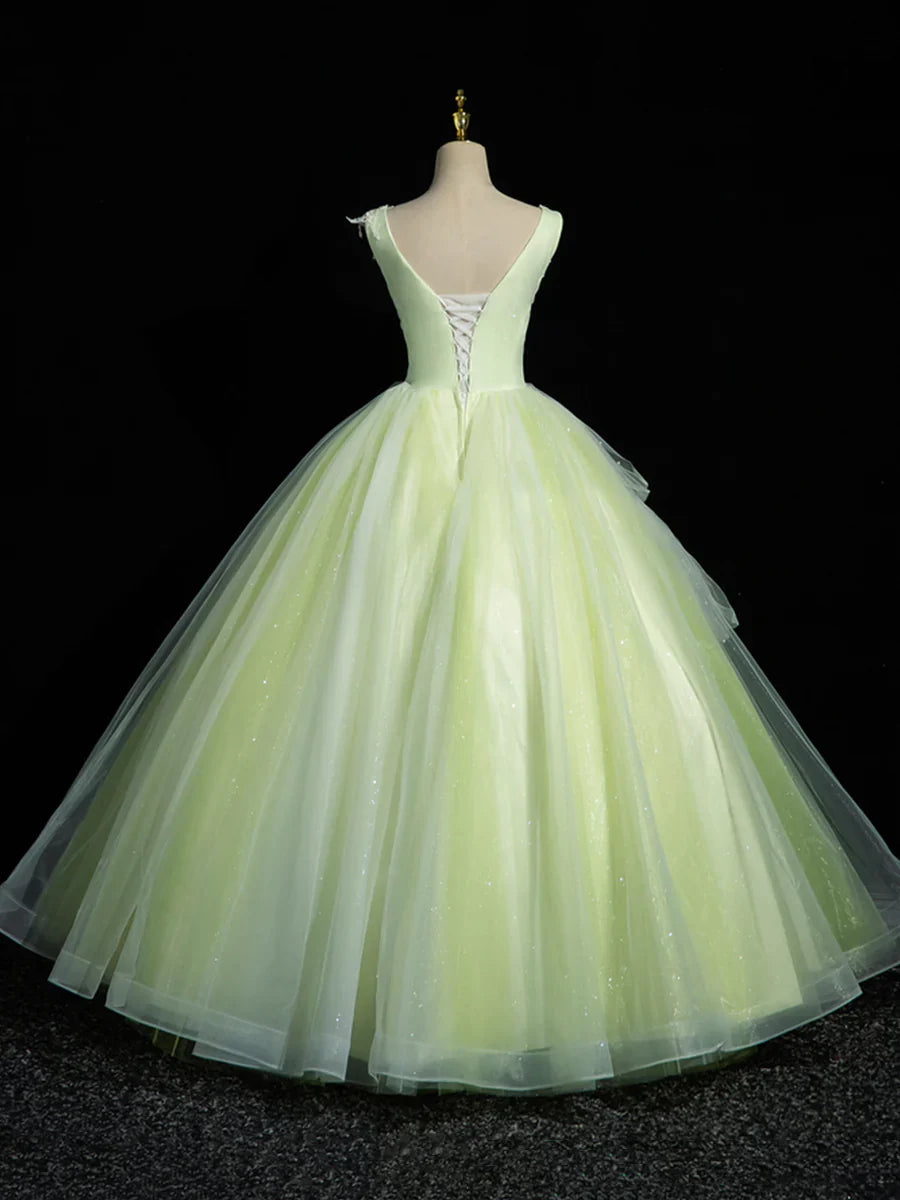 Green V-Neck Tulle Lace Long Prom Dress, A-Line Sleeveless Evening Dress  TP289