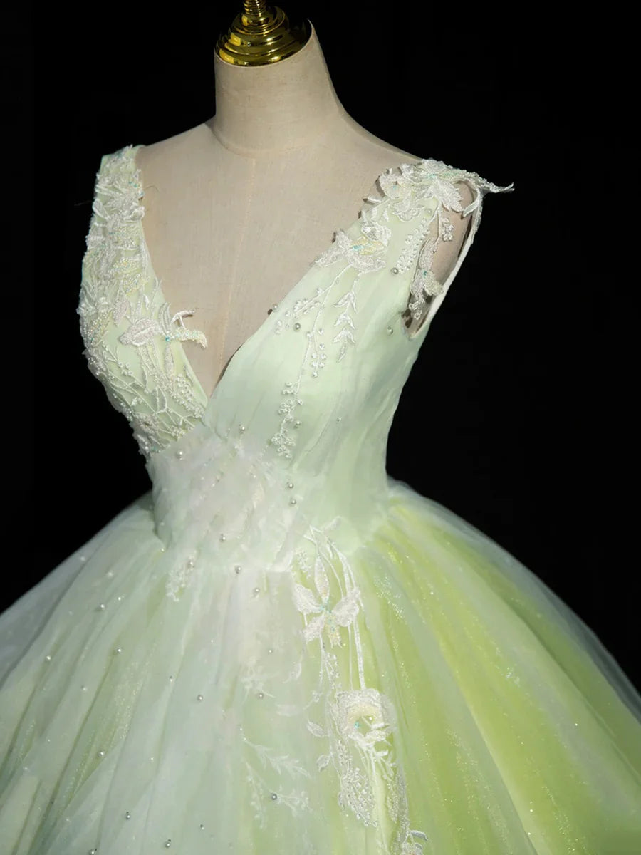 Green V-Neck Tulle Lace Long Prom Dress, A-Line Sleeveless Evening Dress  TP289
