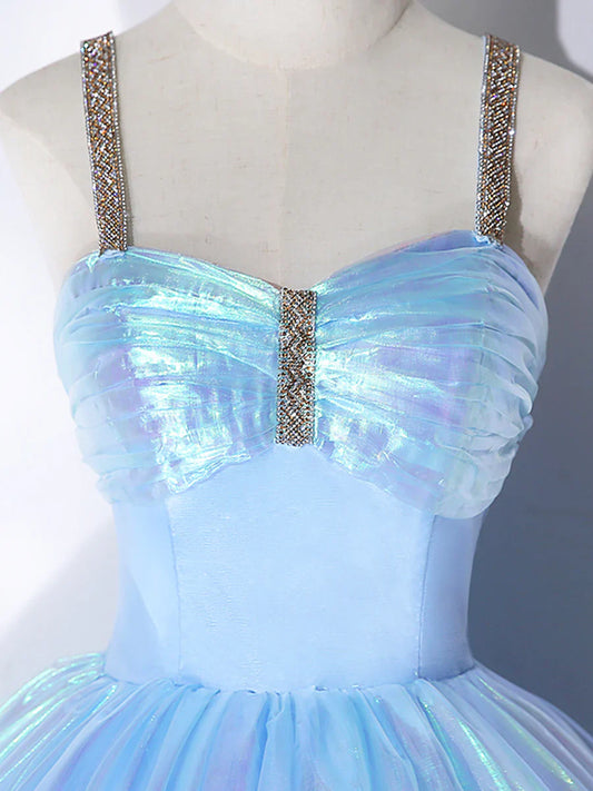 Beautiful Shiny Blue Tulle Long Formal Dress, A-Line Spaghetti Strap Sweetheart Princess Dress TP292