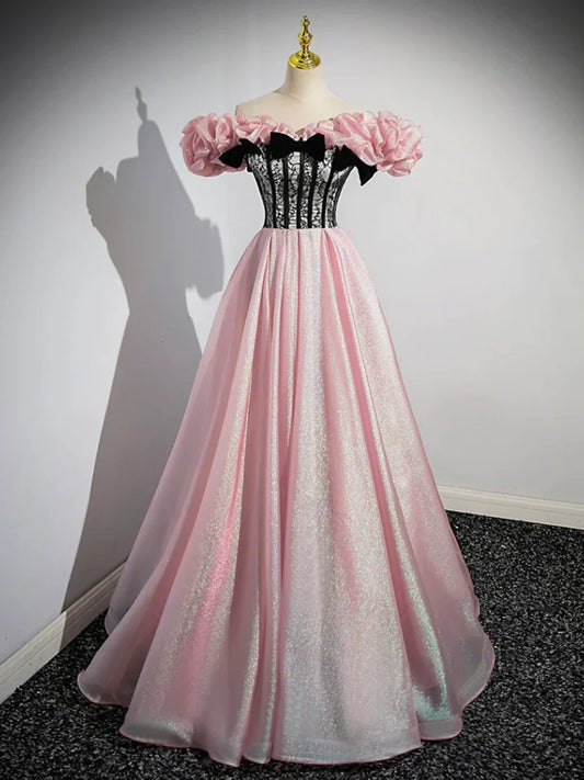 A-Line Shiny Tulle Long Pink Corset Prom Dress, Off the Shoulder Pink Evening Dress  TP294