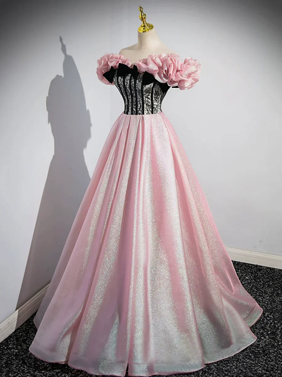 A-Line Shiny Tulle Long Pink Corset Prom Dress, Off the Shoulder Pink Evening Dress  TP294