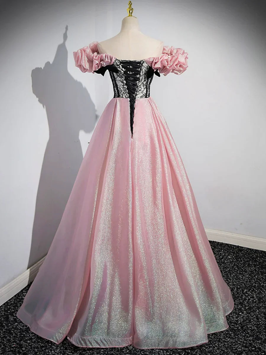 A-Line Shiny Tulle Long Pink Corset Prom Dress, Off the Shoulder Pink Evening Dress  TP294