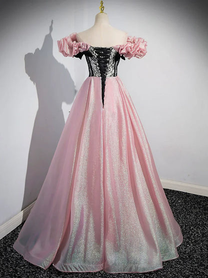 A-Line Shiny Tulle Long Pink Corset Prom Dress, Off the Shoulder Pink Evening Dress  TP294