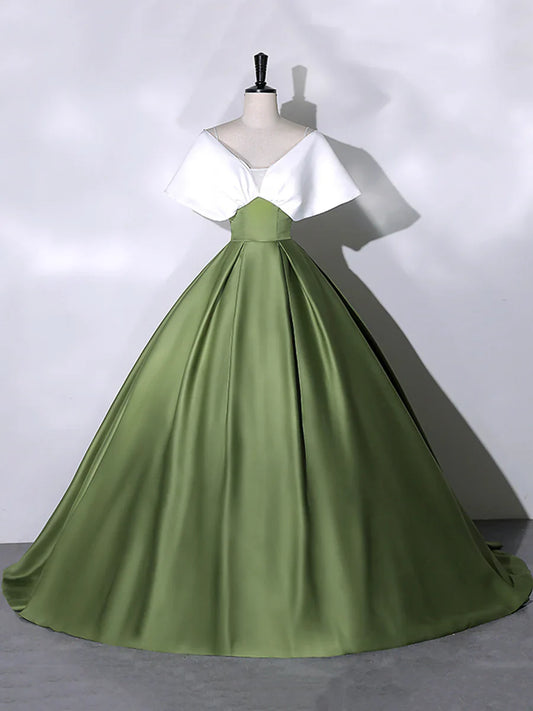 White+Green Satin Floor Length Prom Dress, V-Neck Off the Shoulder Evening Dress  TP296