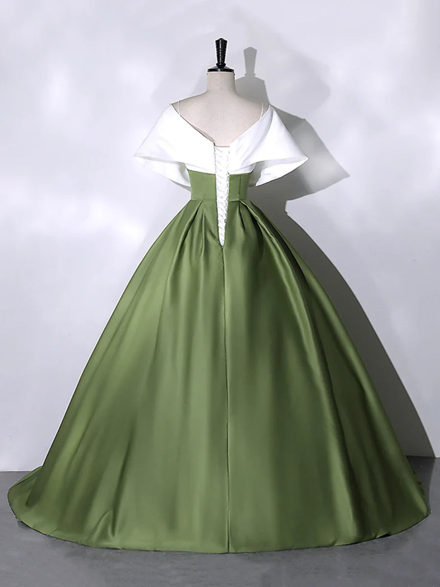 White+Green Satin Floor Length Prom Dress, V-Neck Off the Shoulder Evening Dress  TP296