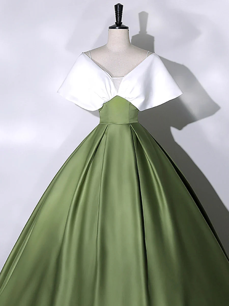 White+Green Satin Floor Length Prom Dress, V-Neck Off the Shoulder Evening Dress  TP296