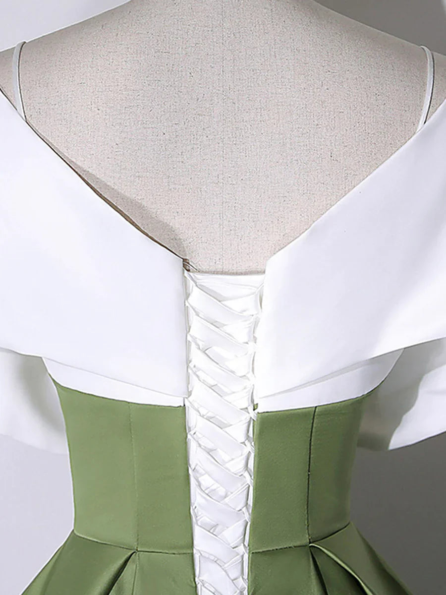White+Green Satin Floor Length Prom Dress, V-Neck Off the Shoulder Evening Dress  TP296