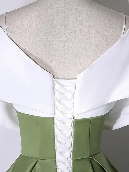 White+Green Satin Floor Length Prom Dress, V-Neck Off the Shoulder Evening Dress  TP296