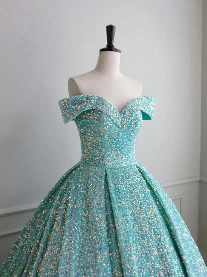 Sparkly Sequin Off the Shoulder Prom Dress, A-line Floor Length Evening Dress  TP297