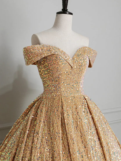Sparkly Sequin Off the Shoulder Prom Dress, A-line Floor Length Evening Dress  TP297