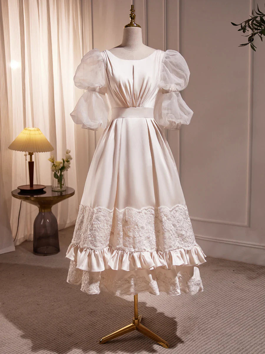 Beautiful Scoop Neck Tea Length Prom Dress, A-Line Puffy Short Sleeve Backless Party Dress  TP299