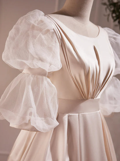 Beautiful Scoop Neck Tea Length Prom Dress, A-Line Puffy Short Sleeve Backless Party Dress  TP299