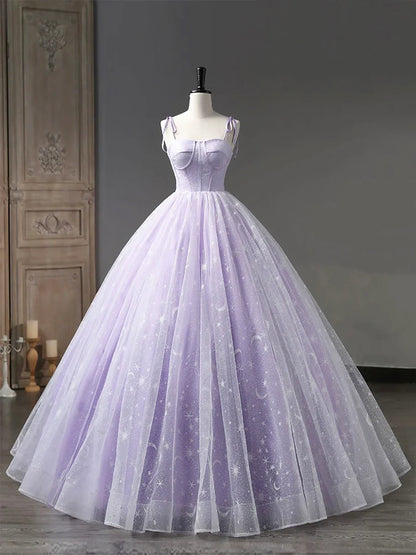 Light Purple Tulle Straps Long Prom Dress, Purple A-Line Princess Dress  TP307