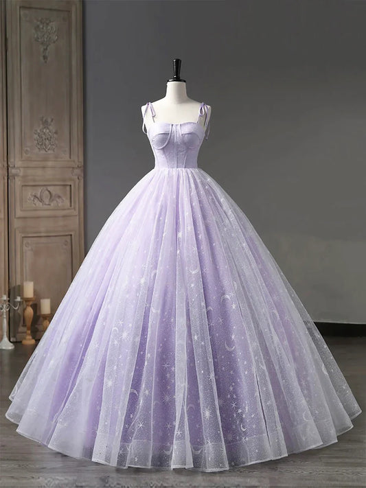 Light Purple Tulle Straps Long Prom Dress, Purple A-Line Princess Dress  TP307