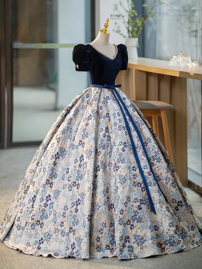 Blue V-Neck Short Sleeve Ball Gown, Blue A-Line Velvet Floor Length Evening Dress  TP308