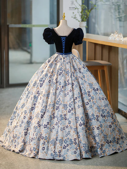 Blue V-Neck Short Sleeve Ball Gown, Blue A-Line Velvet Floor Length Evening Dress  TP308