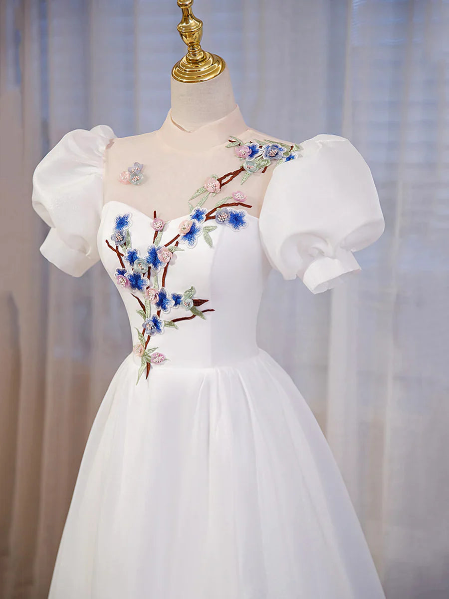 Elegant White Tulle Appliques Long Prom Dress, White High Neck A-Line Evening Dress  TP309