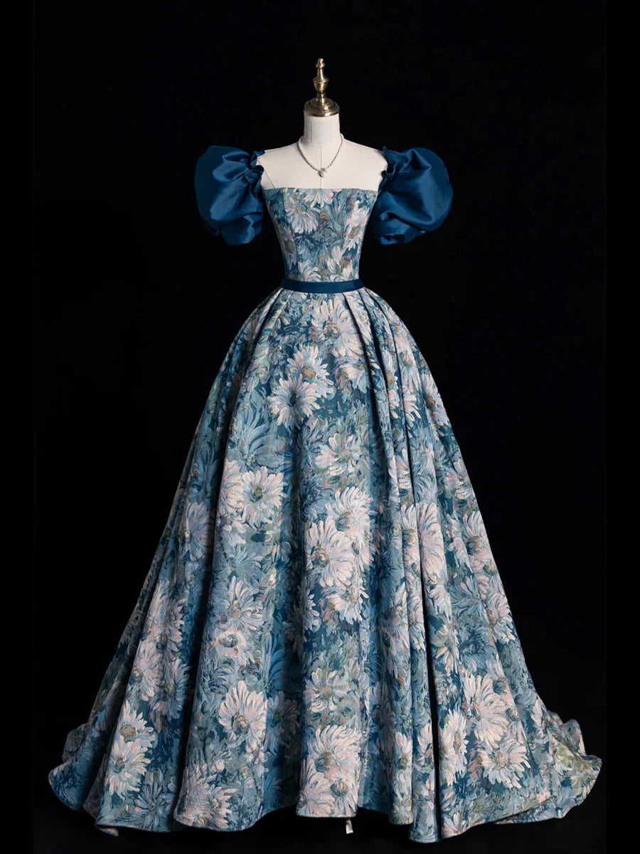 Blue Printed Long Ball Gown, Elegant A-Line Short Sleeve Evening Dress  TP312