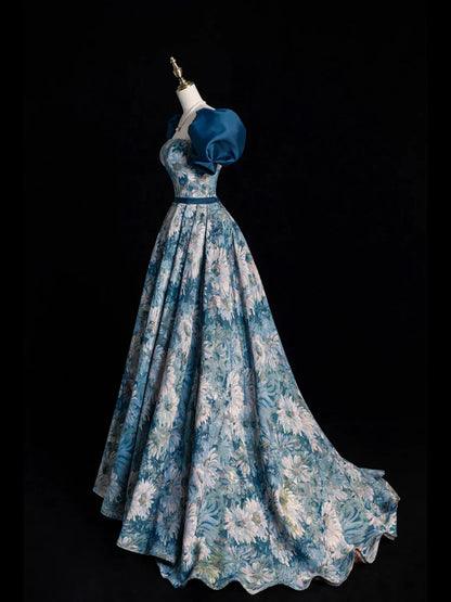 Blue Printed Long Ball Gown, Elegant A-Line Short Sleeve Evening Dress  TP312