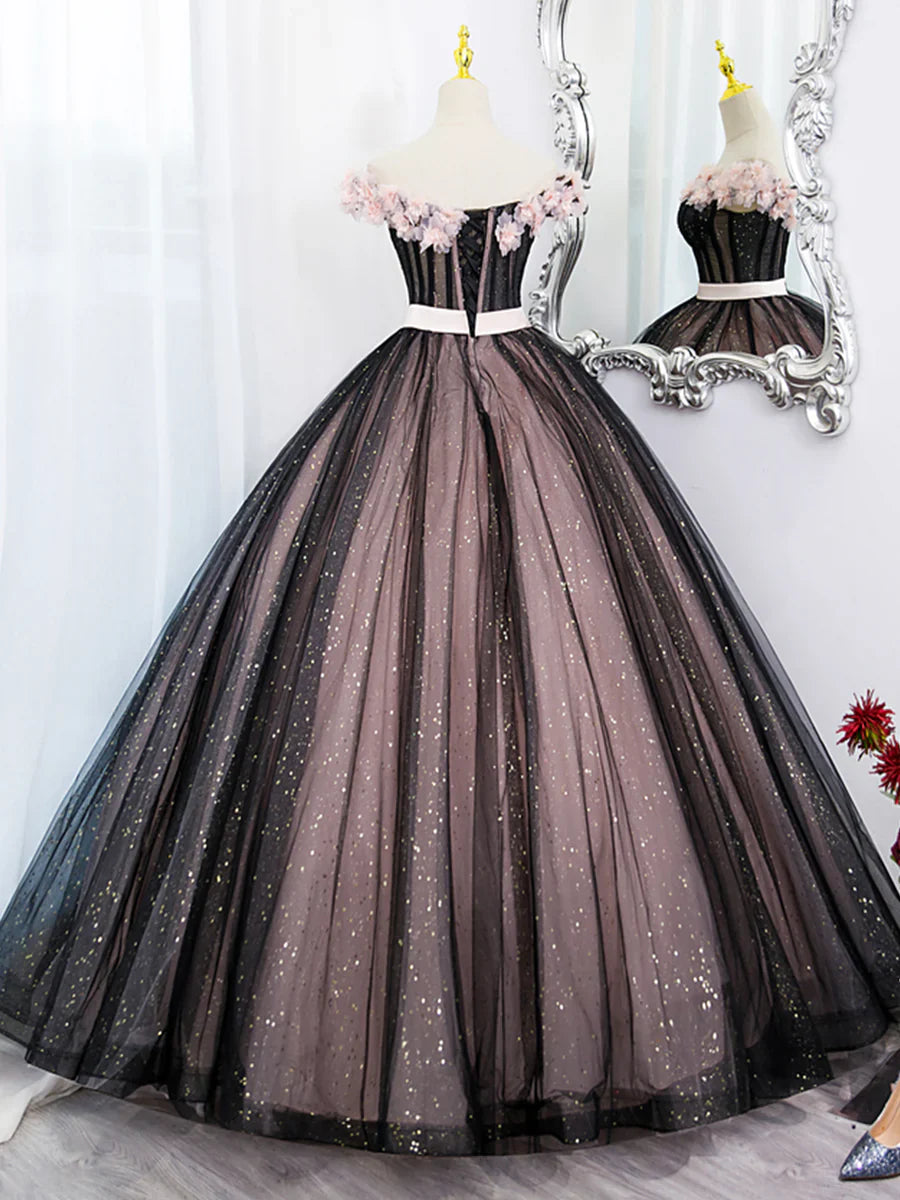 Black Tulle and Pink Flowers Party Dress, Black Off Shoulder Sweet 16 Dress  TP314