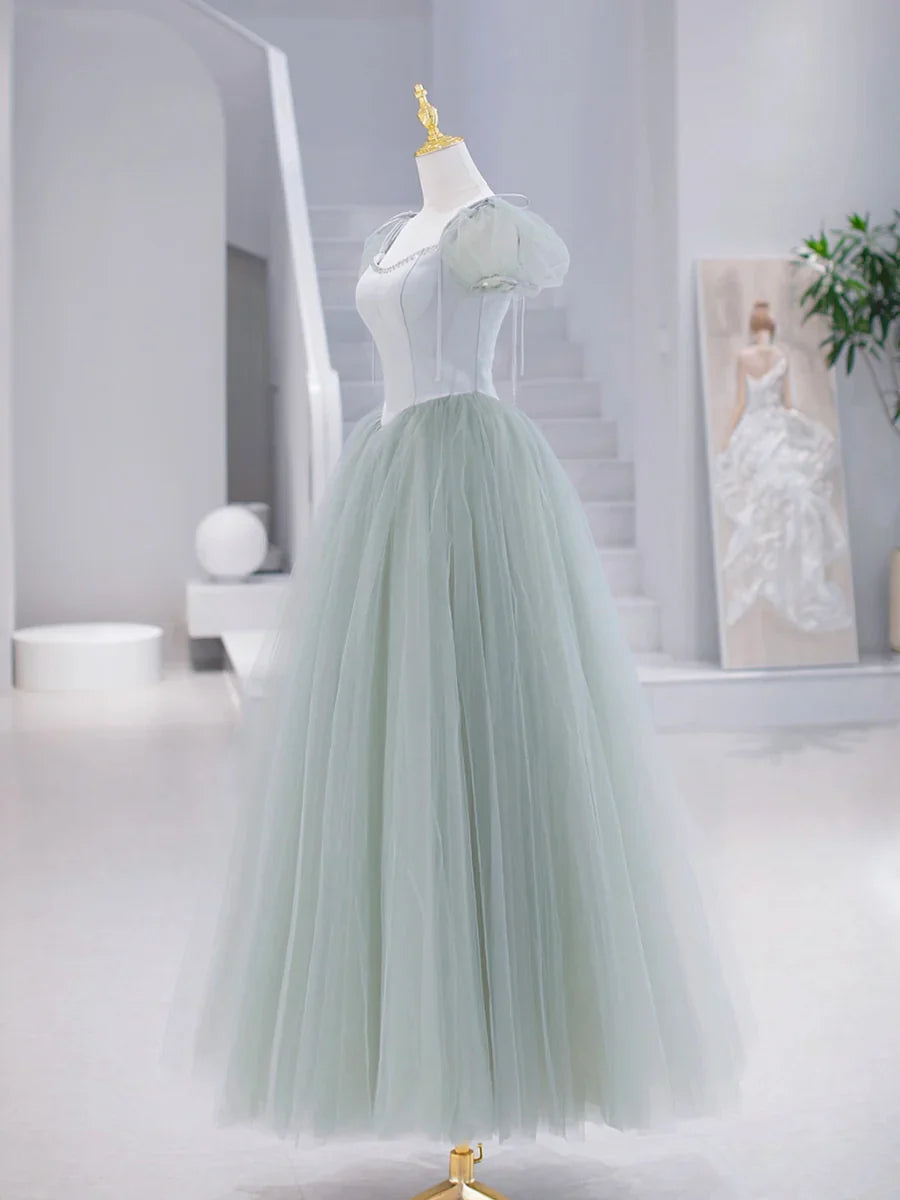 Green Tulle Floor Length Prom Dress, Green Short Sleeve Evening Party Dress  TP315