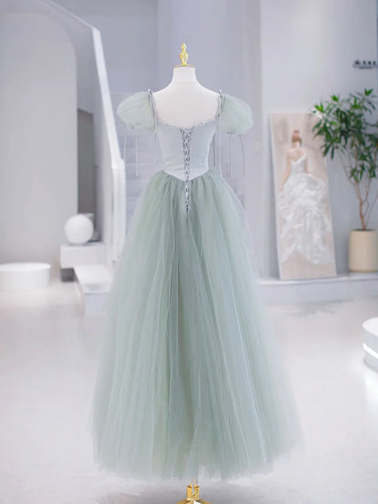 Green Tulle Floor Length Prom Dress, Green Short Sleeve Evening Party Dress  TP315