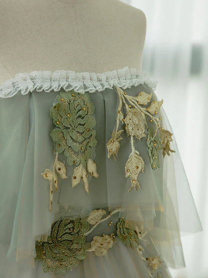 Green Tulle Lace Long Prom Dress, Green Off Shoulder Evening Party Dress  TP321
