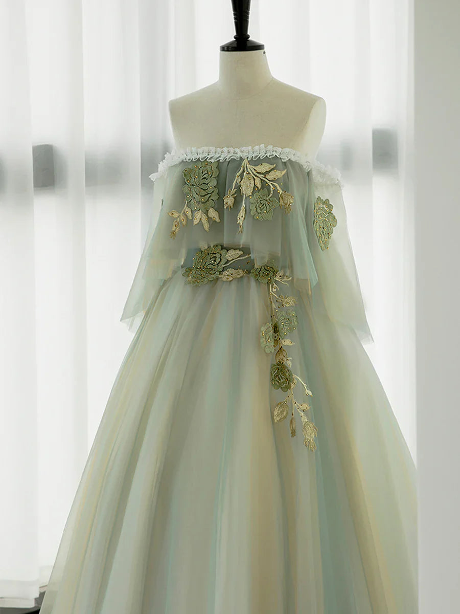 Green Tulle Lace Long Prom Dress, Green Off Shoulder Evening Party Dress  TP321