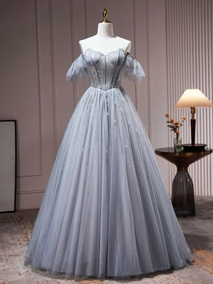 Gray Tulle Off Shoulder Beaded Party Dress, A-Line Tulle Formal Dress Prom Dress  TP328