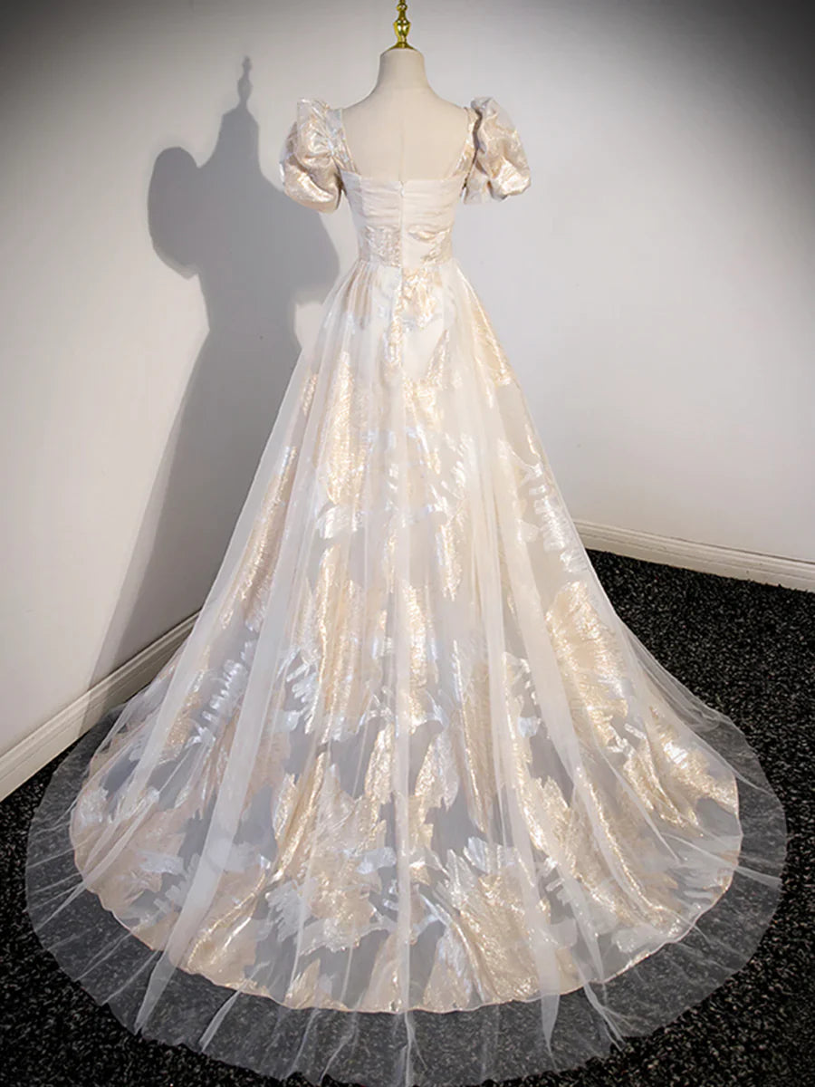Champagne Tulle Long Formal Dresses, Champagne Short Sleeve Evening Dresses  TP330
