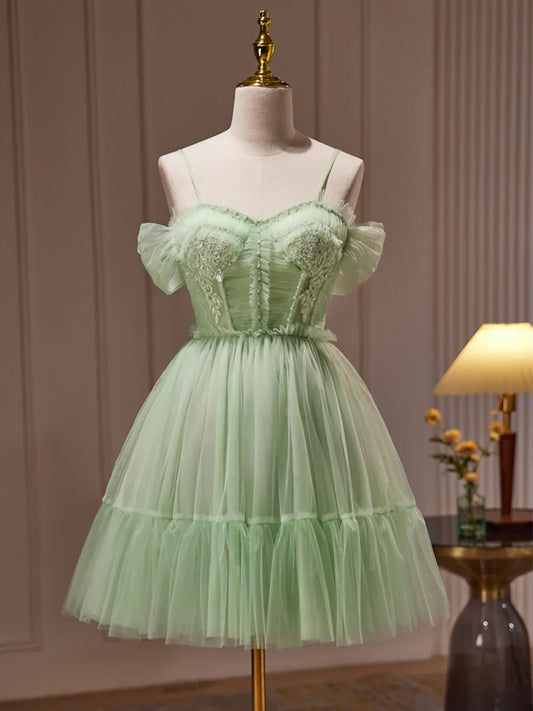 Green Tulle Lace Short Prom Dress, Cute Homecoming Dress, Green Party Dress TP335