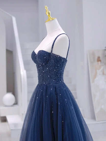 Blue Tulle Beaded Long Formal Dress, Blue Evening Dress  TP336