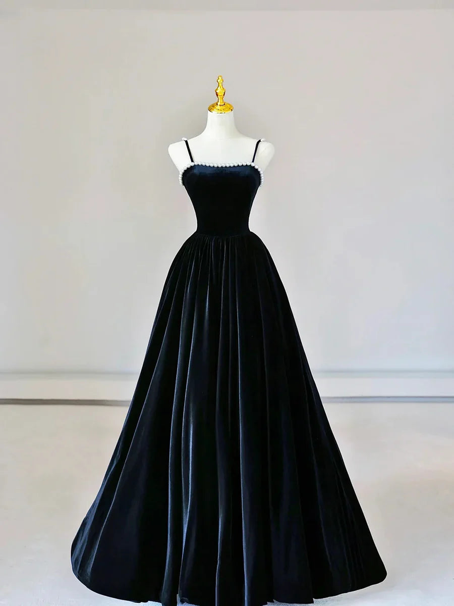 Spaghetti Strap Velvet Long Prom Dress with Pearls, Black Evening Dress Party Dress  TP341